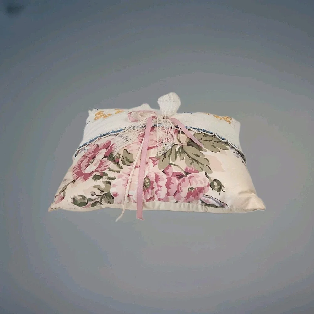Vintage Handmade Floral Pillow 10x11 Embroidered Linen Lace Ribbon Cottagecore